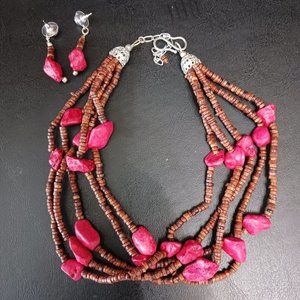 Red Stone Necklace/Earring Set. 2.9 oz., 15-18 in. Length (Adjustable)